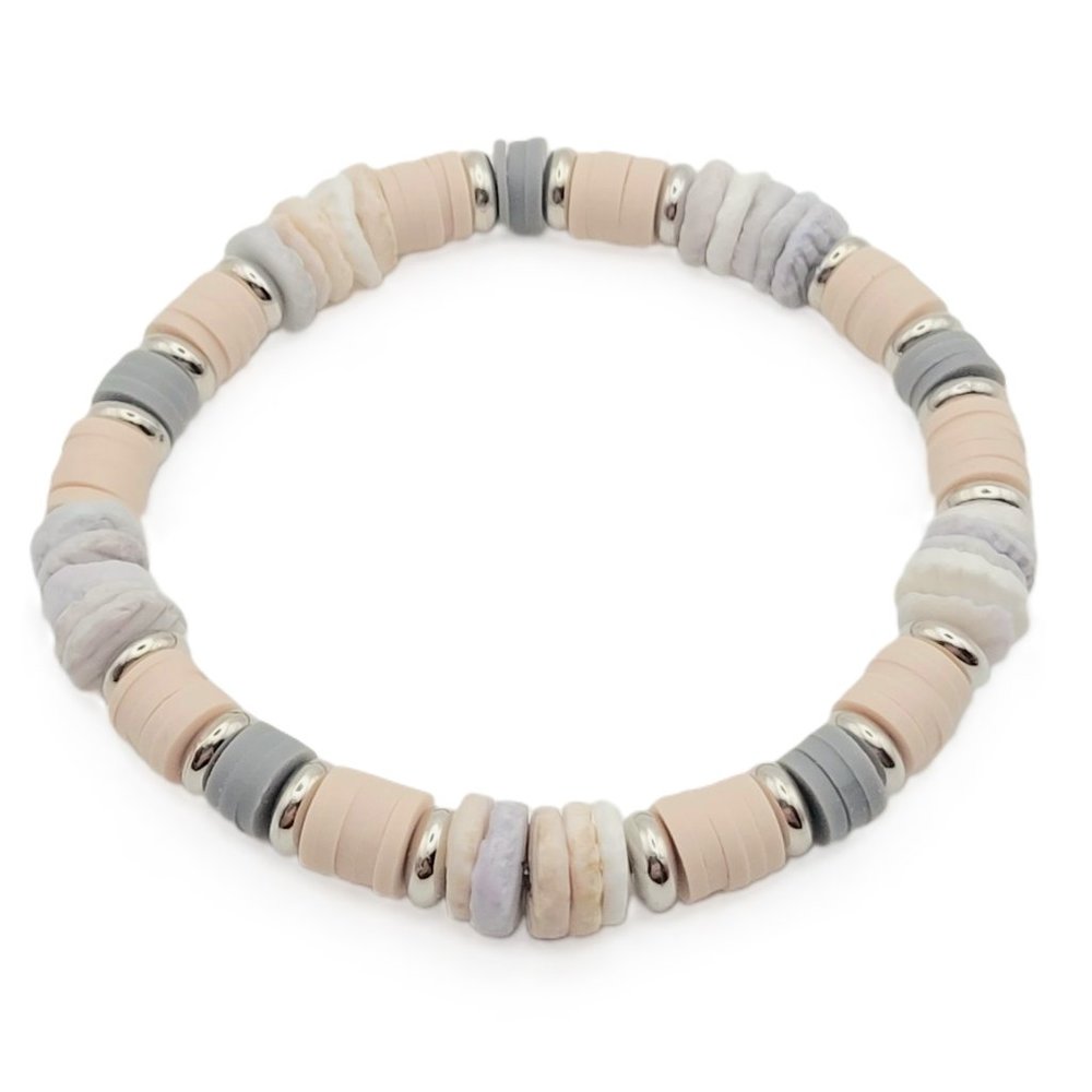 Polymer Clay Heishi and Natural Shell Stretch Bracelet - Earthy Tones - Handmade